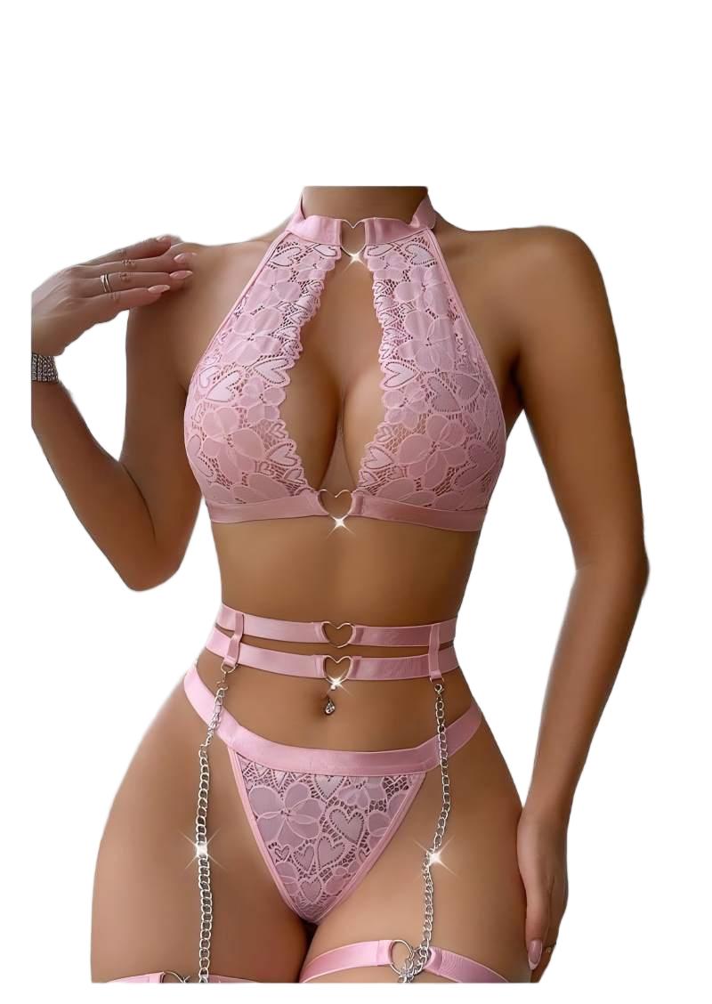 Lace Bralette Set - Sexy Dessous-Set mit Push-up-Effekt, Spitzen-Strumpfhalter, Choker,