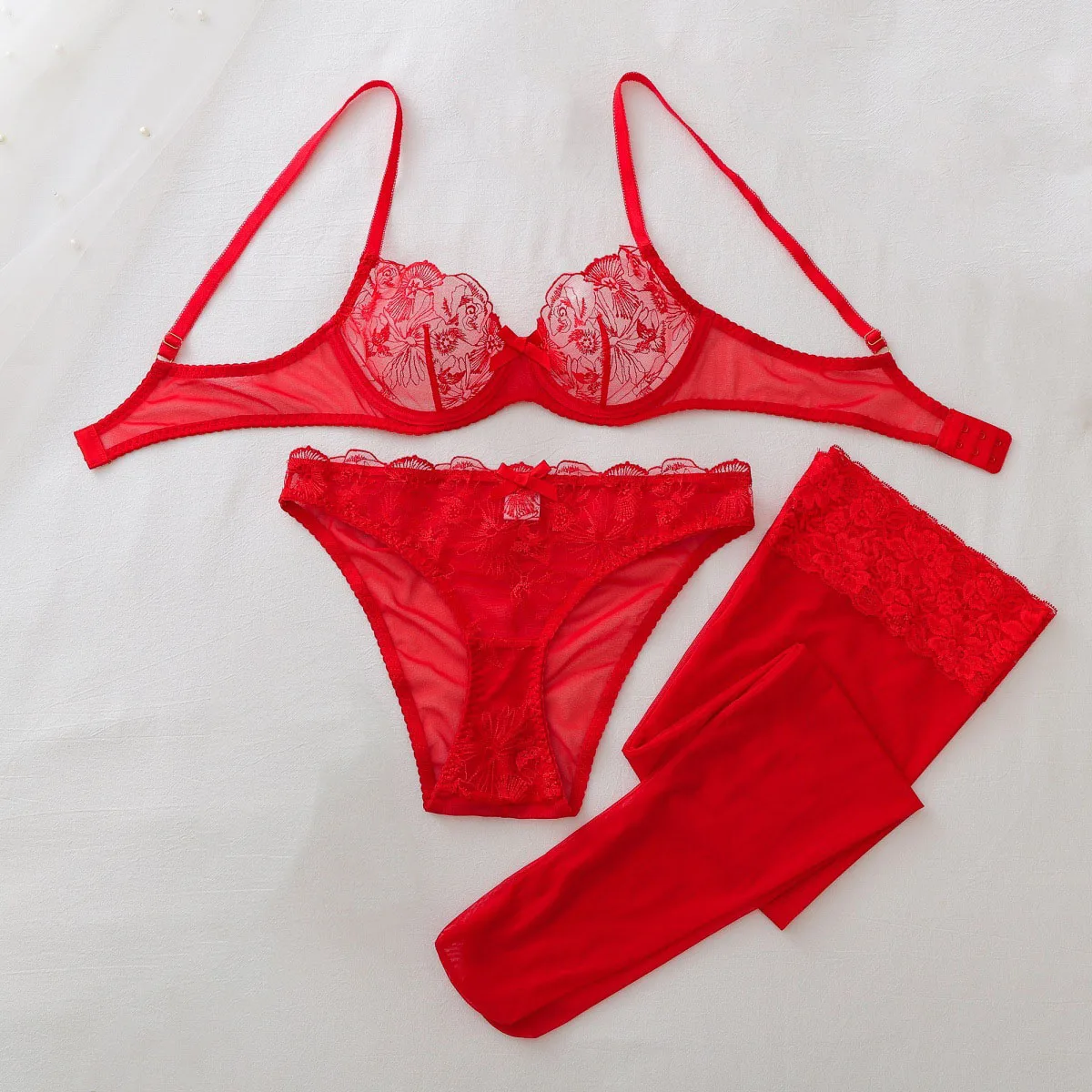 Sheer Mesh Bra - Durchsichtiges Mesh-Erotik-Set für Damen, rote Rosen-Spitzen-BH-Höschen,