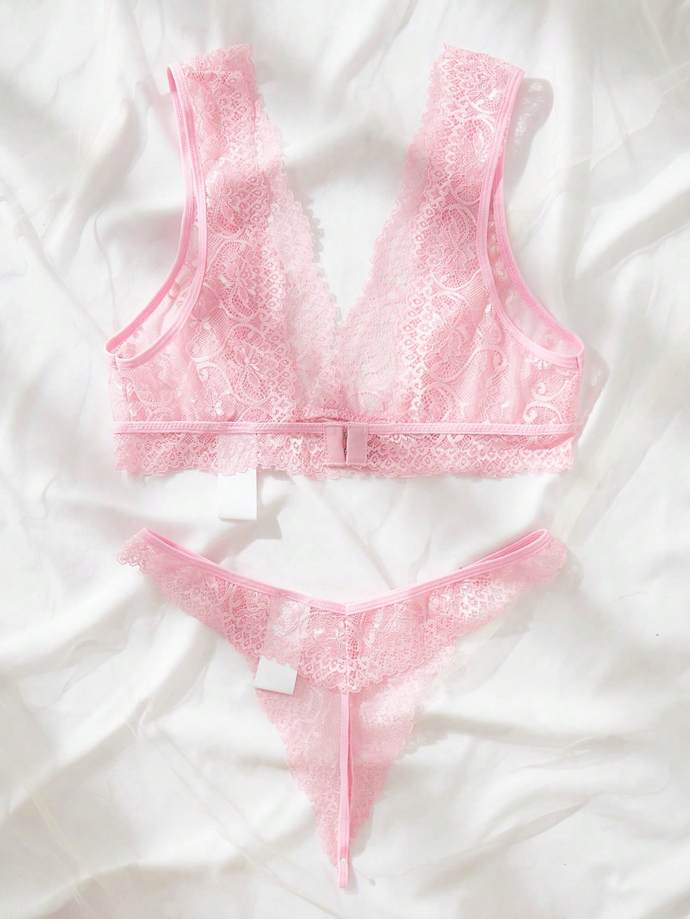 Lace Bralette Set - Rosa Spitzen-Lingerie-Set Transparenter Blumen-BH und Tanga